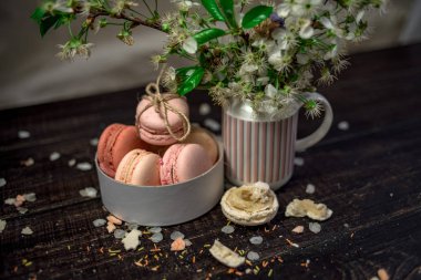 Beyaz kiraz çiçekleri ve macaroons beyaz tabak içinde bir dalı ile sürahi