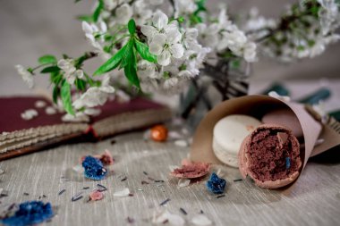 Çiçek yaprakları ve crusshed macaroons sıcak kakao bir kalemle notlarda bir kitap