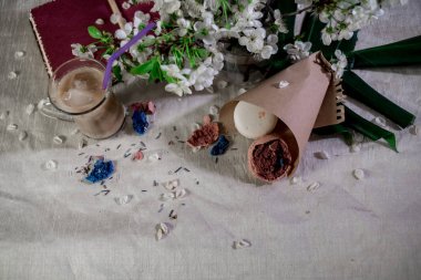 Çiçek yaprakları ve crusshed macaroons sıcak kakao bir kalemle notlarda bir kitap