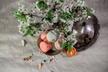 Multocolored macarons metal gümüş vazo ve pastel bir arka plan üzerinde gümüş su ısıtıcısı