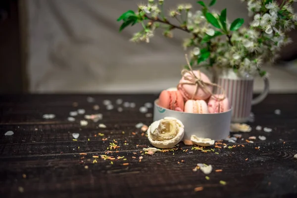 White jug with a branch of cherry blossoms and macaroons in a white deep dish — Stock Photo, Image