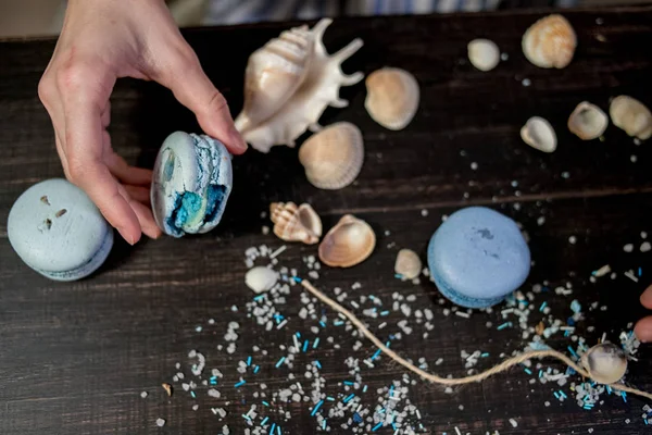 Sea style decoration of macaroons in concept of dreaming about sea travel
