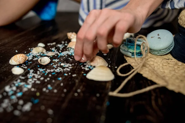 Sea style decoration of macaroons in concept of dreaming about sea travel