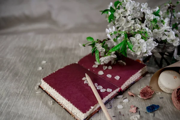 Red book with macaroons — Stock Photo, Image