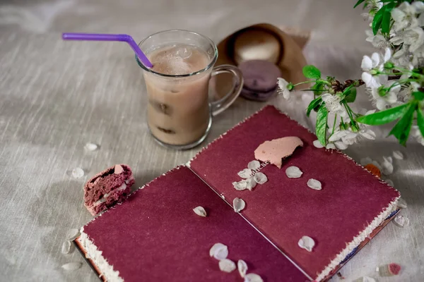 Pastel arka plan üzerine bir kitap-çiçek yaprakları ve ezilmiş macaroons sıcak kakao bir kalemle notlarda