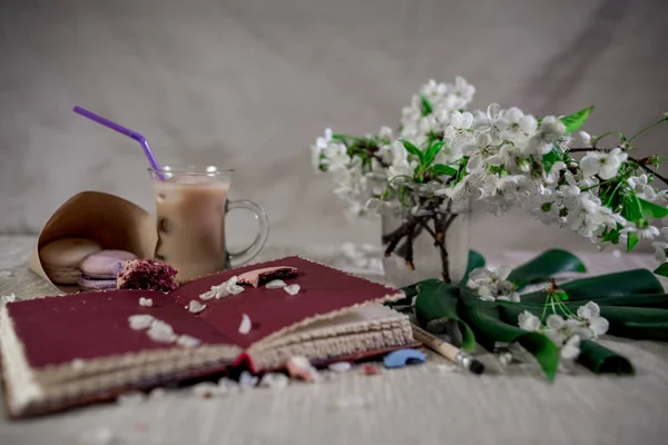 Pastel arka plan üzerine bir kitap-çiçek yaprakları ve ezilmiş macaroons sıcak kakao bir kalemle notlarda