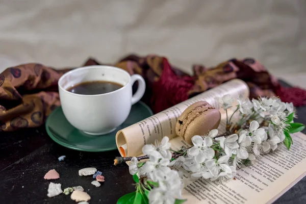 Lecture d'un livre avec tasse de café ou de thé et foulard chaud et branche de cerisier en fleur Photos De Stock Libres De Droits