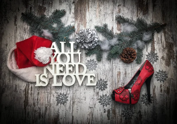 Red Shoes Wooden Floor Flatlay Christmas Symbols Santa Hat — Stock Photo, Image