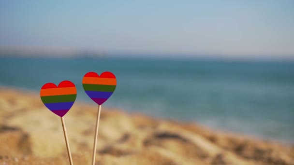 Due cuori del colore della bandiera gay su uno sfondo di onde marine . — Video Stock