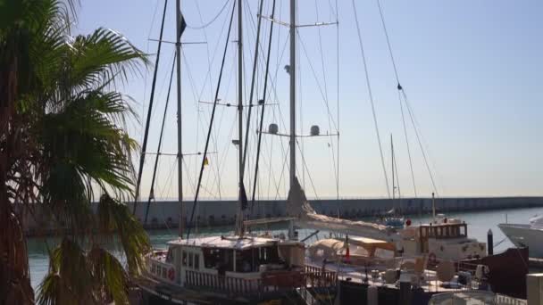 Tall mast of a sailboat in port. the camera rises slowly up — Stockvideo