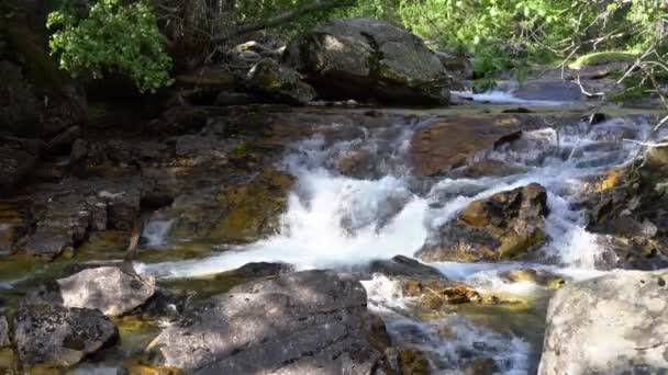 Un río de montaña con aguas cristalinas fluye entre las enormes piedras — Vídeos de Stock