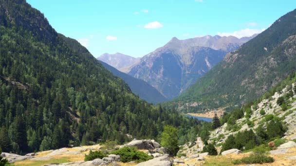 Vista panorámica de la cordillera y el bosque. debajo de la ladera de la montaña hay un lago — Vídeos de Stock