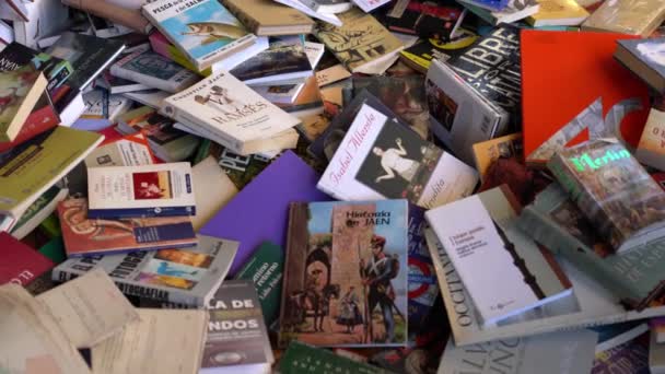 Boeken zijn op de vloer in de markt. — Stockvideo