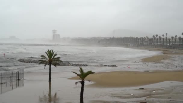 Barcelonas Strand während eines Sturms Gloria — Stockvideo