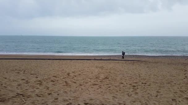 Człowiek z wykrywaczem metalu spaceruje wzdłuż wybrzeża w poszukiwaniu kosztowności — Wideo stockowe