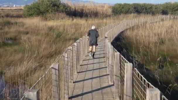 Homem idoso de cabelos grisalhos corre em uma ponte suspensa sobre um pântano em um dia ensolarado — Vídeo de Stock