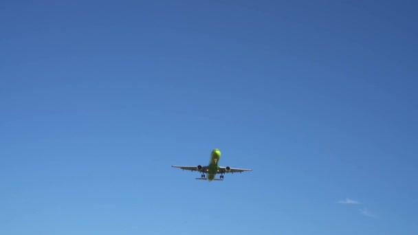 緑の飛行機が空港に着陸します。飛行機は着陸のために入ってきます — ストック動画