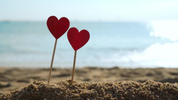 Two beautiful wooden hearts on the sand at sea beach. romantic journey together — Stock Video