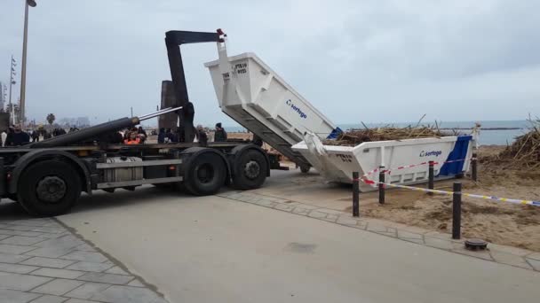 Een vrachtwagen laadt een container uit om algen en puin te verzamelen na een storm. — Stockvideo