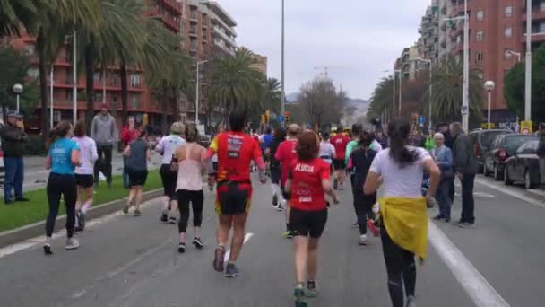 İnsanlar şehir caddesinde maraton koşuyor.. — Stok video
