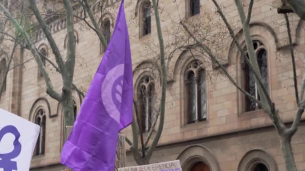 Фіолетовий прапор з символом фемінізму під час процесії жінок за рівність — стокове відео