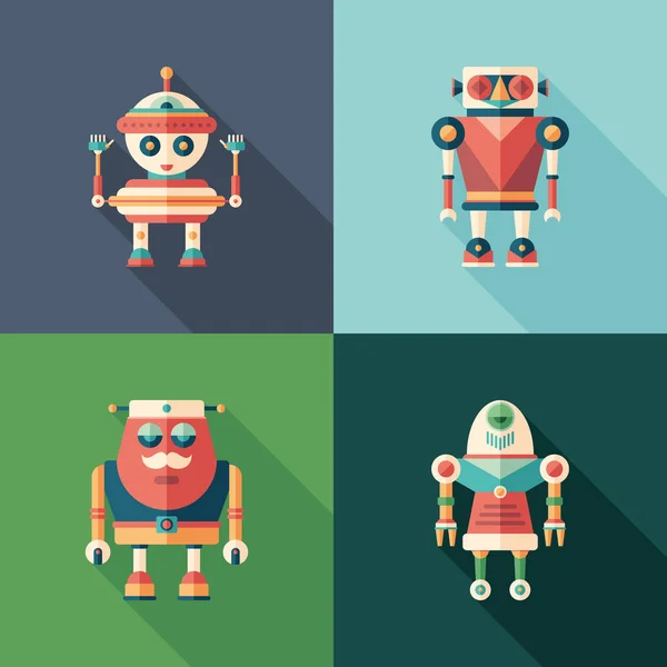 Mutlu robotlar uzun gölgeler ile kare simgeler düz. 1 set