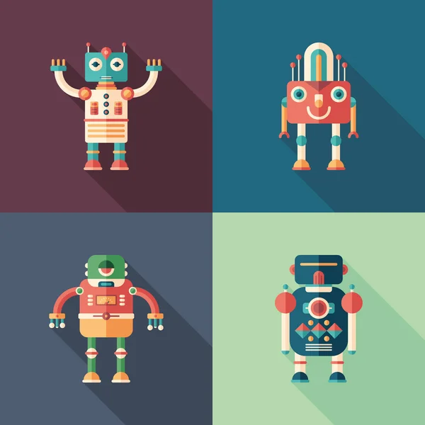 Felices robots planos iconos cuadrados con largas sombras. Set 5 — Vector de stock