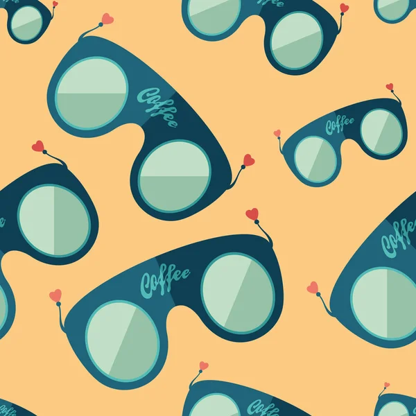 Blue coffee sunglasses flat icon seamless pattern. — Stock Vector