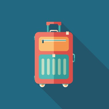 Uzun gölgeler ile düz kare simgesi üzerinde seyahat bavul jant.