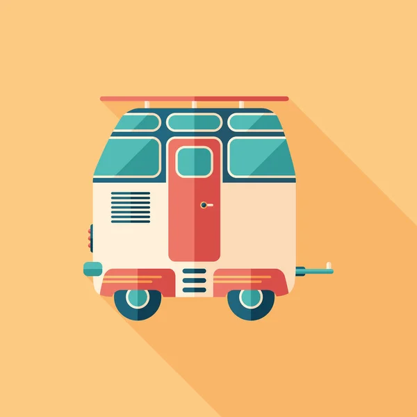 Vintage travel trailer flat square icon with long shadows. — Stock Vector