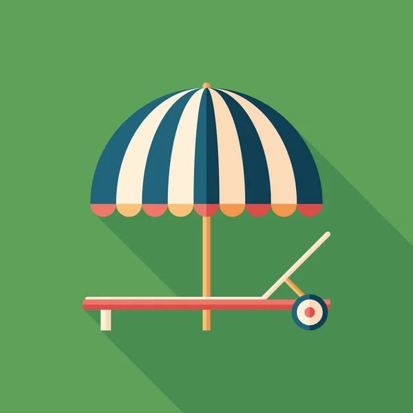 Parasol e espreguiçadeira ícone quadrado plano com longas sombras . —  Vetores de Stock