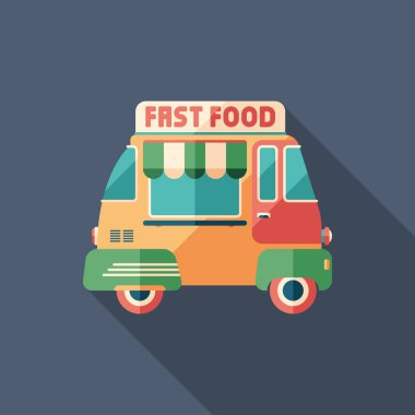 Fast food van uzun gölgeler ile düz kare simgesi.