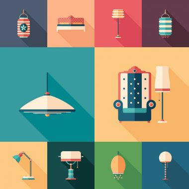 Ev iç uzun gölgeler ile düz kare simge kümesi.