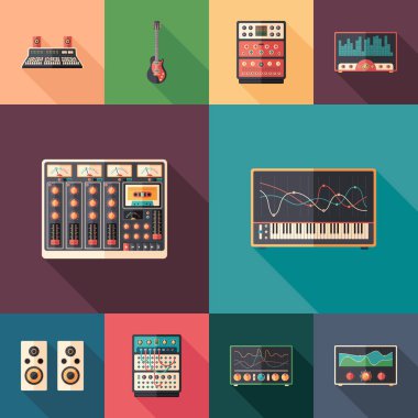 Müzik ve Multimedya uzun gölgeler ile düz kare simge kümesi.