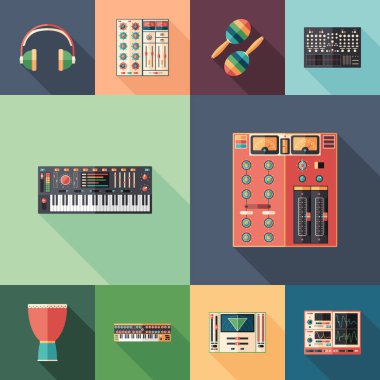 Müzik stüdyo uzun gölgeler ile düz kare simge kümesi.