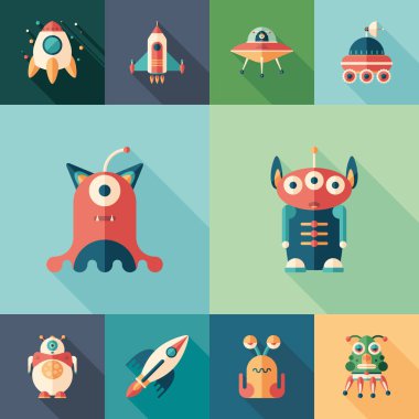 Uzay yolculuğu uzun gölgeler ile düz kare simge kümesi.