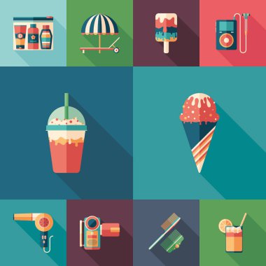 Tatlı yaz gün uzun gölgeler ile düz kare simge kümesi.