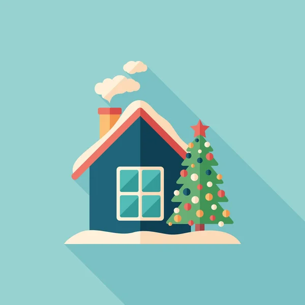 圣诞树附近的小房子平面广场图标与长阴影. — 图库矢量图片