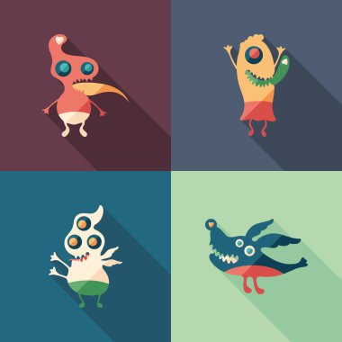 Mutlu canavarlar uzun gölgeler ile kare simgeler düz. 1 set