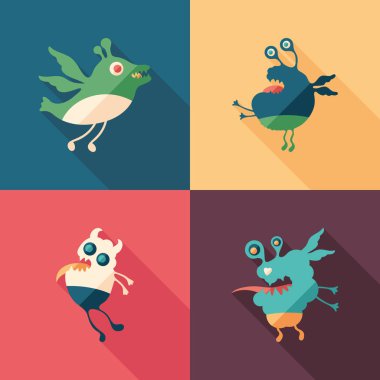 Mutlu canavarlar uzun gölgeler ile kare simgeler düz. 7 ayarla