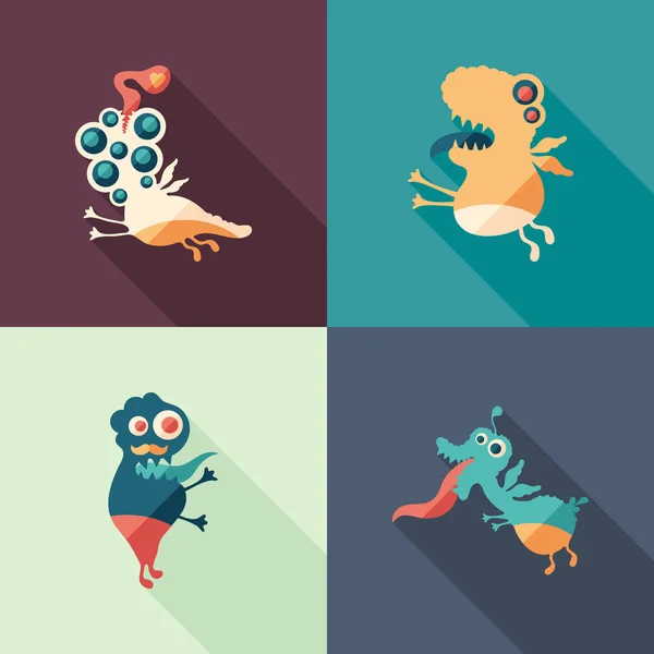 Happy Monsters Flat Square Icons Long Shadows Set — Stock Vector