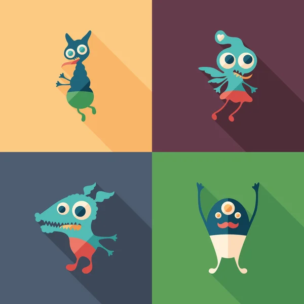 Happy Monsters Flat Square Icons Long Shadows Set — Stock Vector