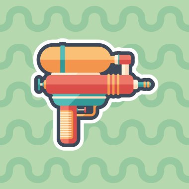 Oyuncak su tabancası etiket düz simgesi renkli arka planla.