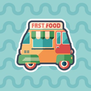 Fast food van etiket düz simgesi renkli arka planla.