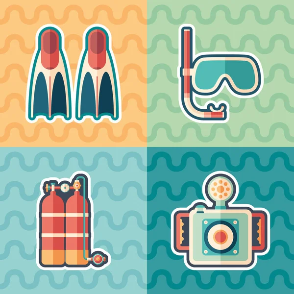 Duiken Snorkelen Sticker Platte Pictogram Set — Stockvector