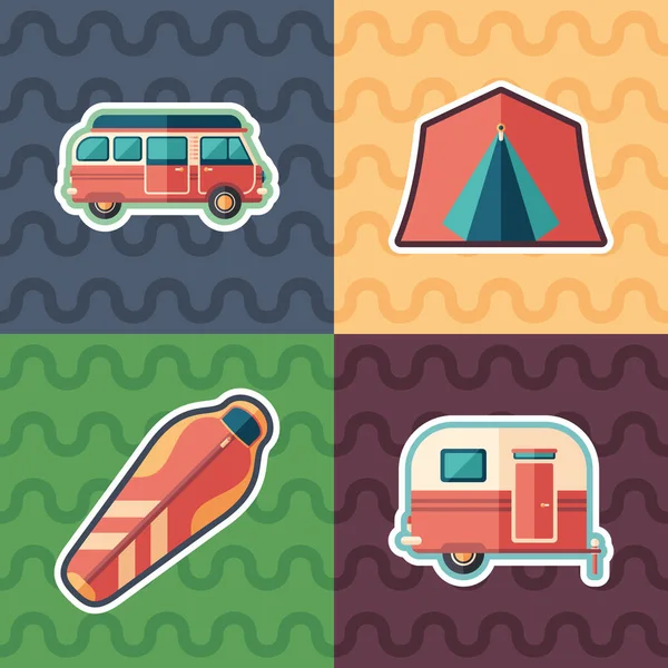 Camping Touring Pegatina Plana Icono Conjunto — Vector de stock