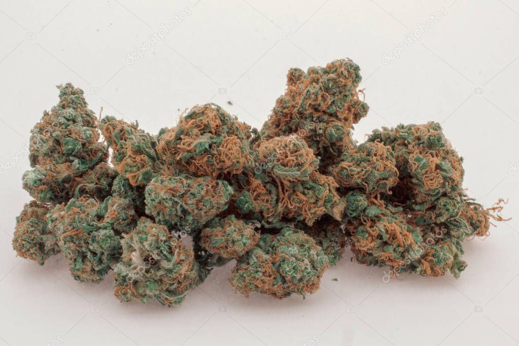 Close up of a pile of 2 different kinds of marijuana buds mixed 