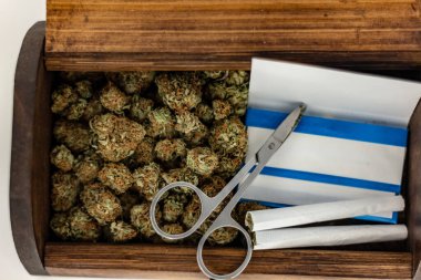 Yeşil marihuana tomurcuklarıyla dolu ahşap bir zula kutusu.