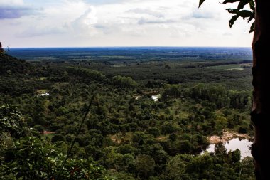 Kuzey Doğu Tayland 'da Phu dağının yamacından aşağı orman tepe örtüsünün tepesindeki ağaçlara bakıyorum..