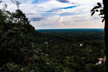 Kuzey Doğu Tayland 'da Phu dağının yamacından aşağı orman tepe örtüsünün tepesindeki ağaçlara bakıyorum..